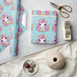 Papier Cadeau Bébé magique licorne avec fleurs