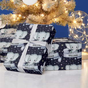 Papier Cadeau Bébé mignon éléphant Nom personnalisé Étoiles Bleu