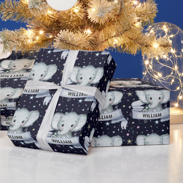 Papier Cadeau Bébé mignon éléphant Nom personnalisé Étoiles Bleu (Vacances)