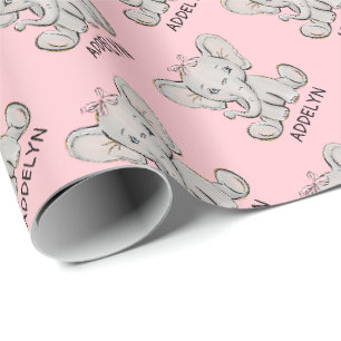 Papier Cadeau Bébé mignon éléphant rose petit nom de fille Wrapp
