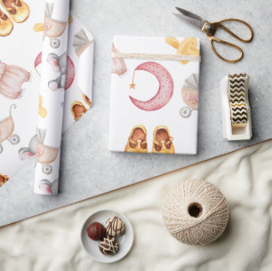 Papier Cadeau Bébé mignon fille Pastel Blush Boho Stroller Pacif