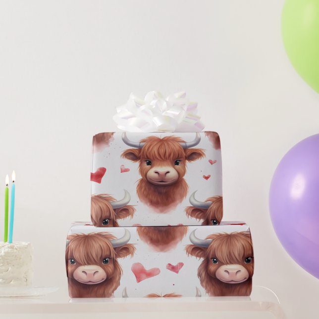 Papier Cadeau Bébé mignon Highland Cow Valentine Motif de coeur  (Cadeaux de fête)
