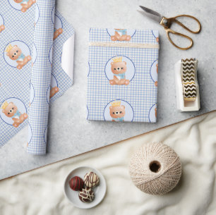 Papier Cadeau Bébé mignon Ours bleu En vichy