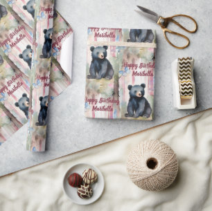 Papier Cadeau Bébé mignon ours fille Anniversaire personnalisé