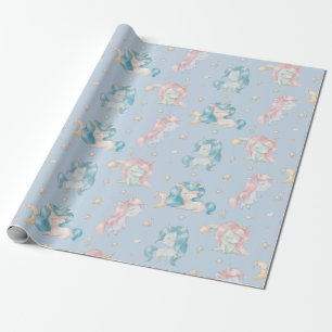 Papier Cadeau Bébé mignon Unicorn rose bleu pastel Nursery Child