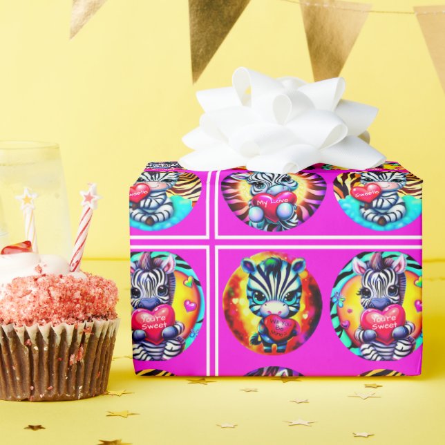Papier Cadeau Bébé mignon Zèbres avec Coeurs (Fête d'anniversaire)