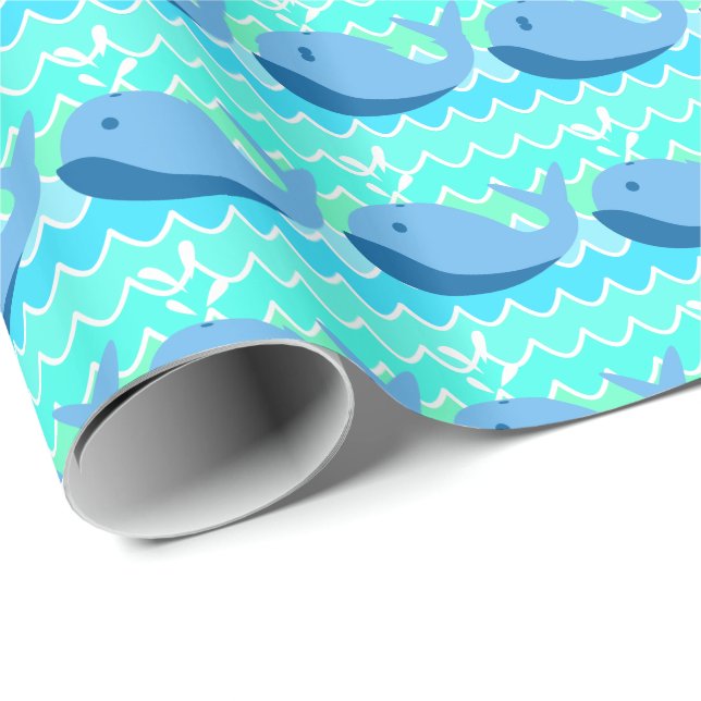 Papier Cadeau Bébé Nautique Baleines Bleues & Vagues (Coin rond)