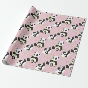 Papier Cadeau Bébé Panda Ours Coeurs roses
