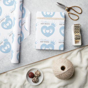 Papier Cadeau  Bébé Pieds Coeur Bébé Prince Douche Bleu Blanc