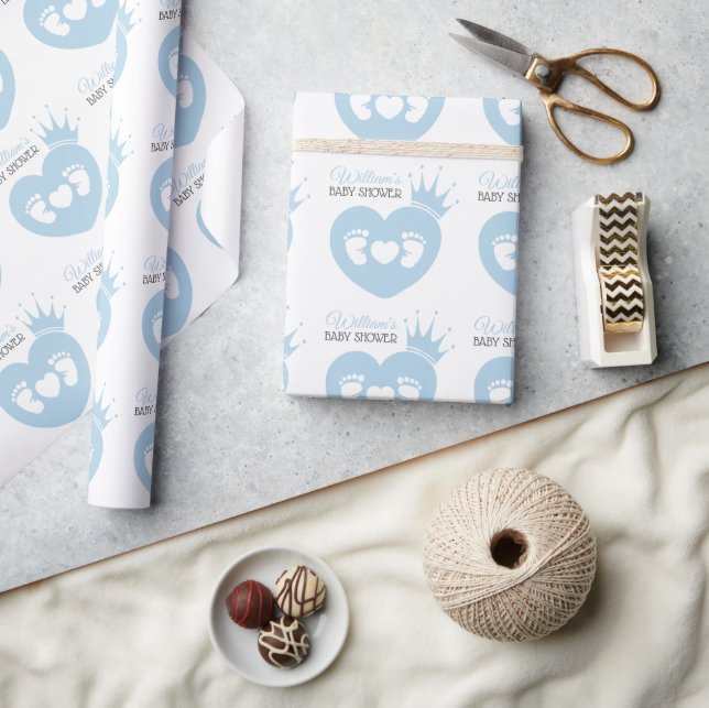 Papier Cadeau  Bébé Pieds Coeur Bébé Prince Douche Bleu Blanc (Artisanat)