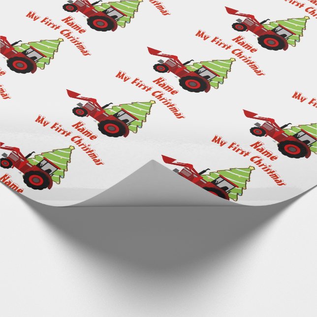 Papier Cadeau Bébé PREMIER MARQUAGE DE Noël TRACTEUR ROUGE Perso (Coin)