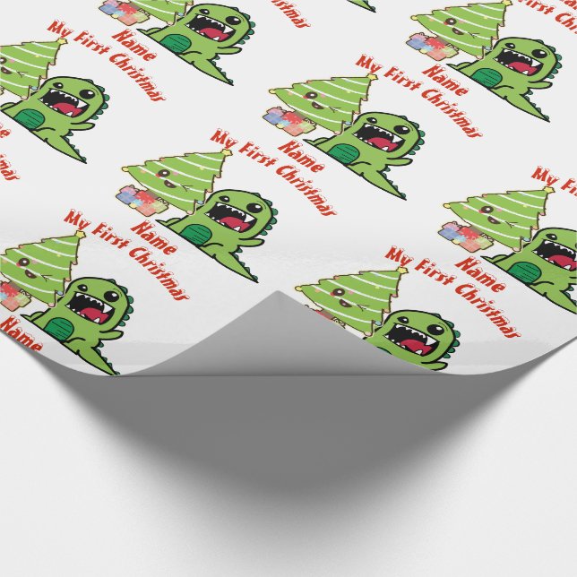 Papier Cadeau Bébé PREMIER Noël WRAPPER DINOSAUR Personnalisé (Coin)
