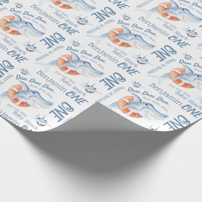 Papier Cadeau Bébé requin 1er anniversaire nom personnalisé aqua (Coin)