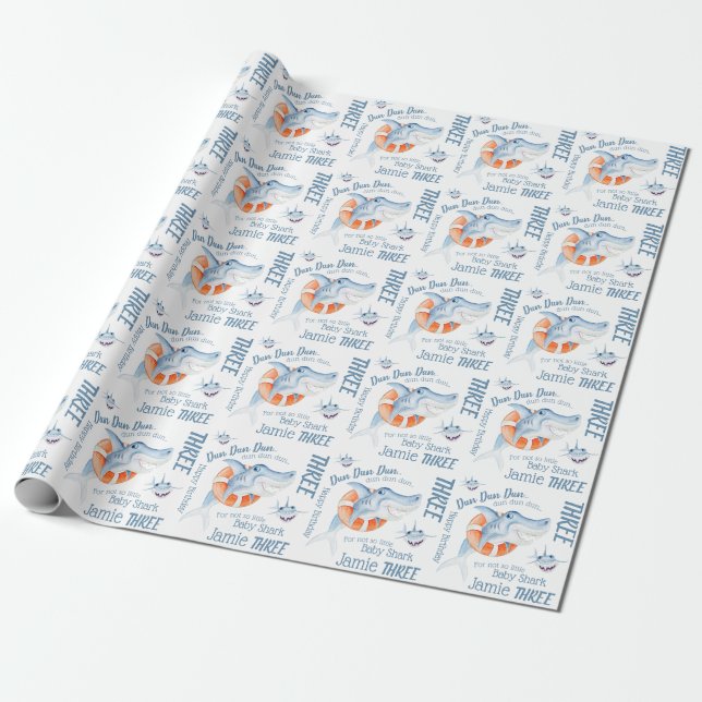 Papier Cadeau Bébé requin 3e anniversaire aquarelle personnalisé (Déroulé)