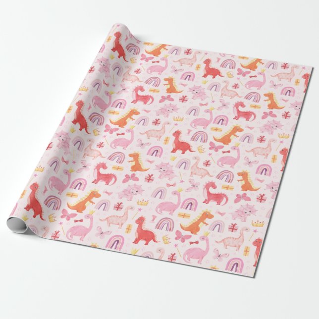 Papier Cadeau Bébé rose mignon Dino Dinosaur Anniversaire de enf (Déroulé)