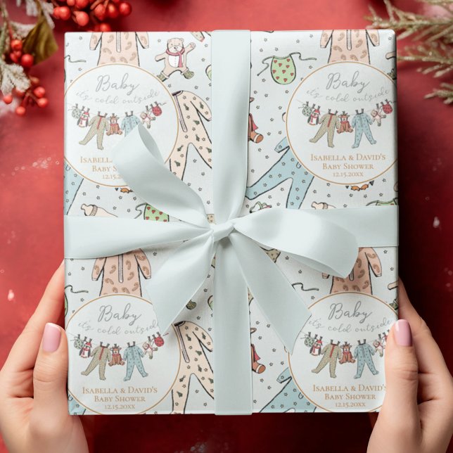 Papier Cadeau Bébé son Baby shower froid à l'extérieur de l'hive (Custom Name & Date Winter Baby Shower Baby Its Cold Outside Gift Wrap. Hand Drawn Holiday Pajamas.)
