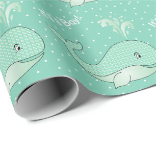 Papier Cadeau Bébé vert clair baleines