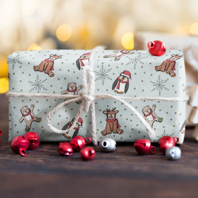Papier Cadeau Bébés Bleus doux Premiers animaux d'hiver de Noël (Baby's First Christmas Winter Animal Blue Wrapping Paper. Hand-Drawn Penguin, Reindeer, Teddy Bear)