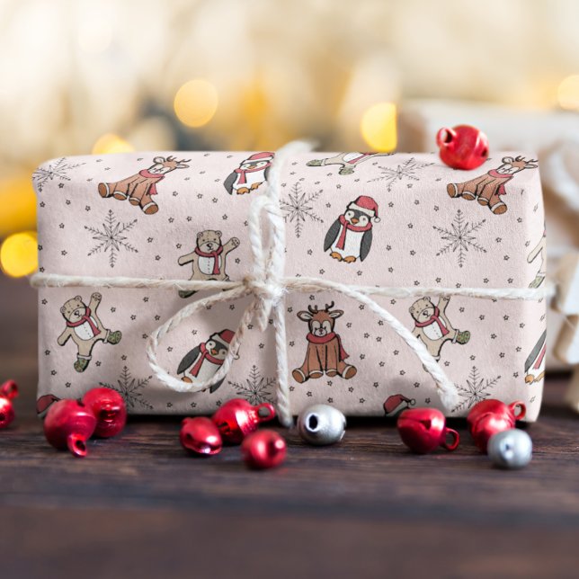 Papier Cadeau Bébés roses Premiers animaux d'hiver de Noël (Pink Baby's First Christmas Winter Animal Wrapping Paper. Hand-Drawn Penguin, Reindeer, Teddy Bear)