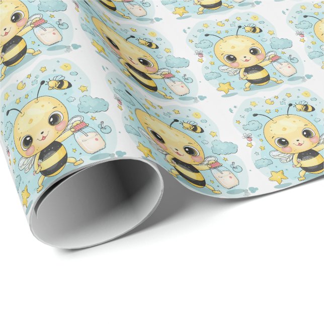 Papier Cadeau Bee Cute Baby Pastel Motif d'aquarelle (Coin rond)