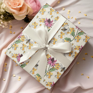 Papier Cadeau Bee de la reine, peigne de miel et fleurs exotique