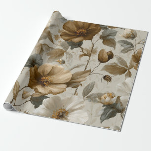 Papier Cadeau Beige Crème Marron Fleur Pastel Bohème 70s Vintage
