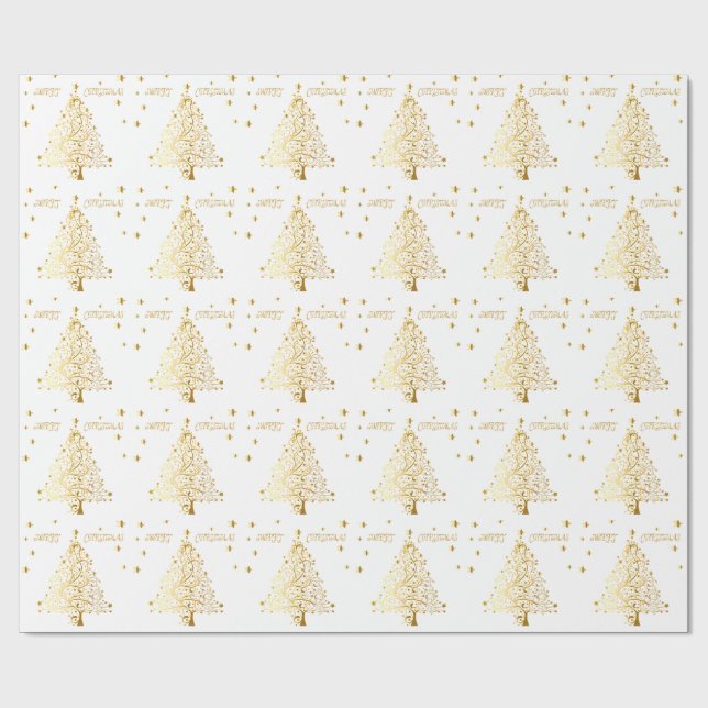 Papier Cadeau Bel arbre de Noël métallique étoilé d'or (Plat)