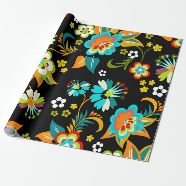Papier Cadeau Belle Aqua & Black Abstrait motif floral (Déroulé)