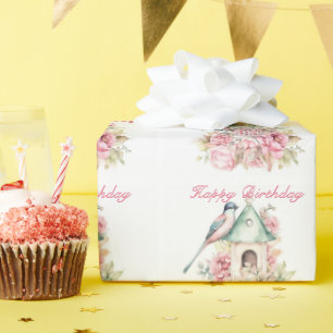 Papier Cadeau Belle aquarelle Birdhouse Fleurs roses