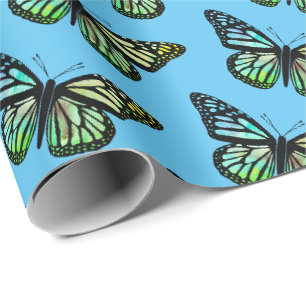 Papier Cadeau Belle Aquarelle Papillons Motif Blue Gold