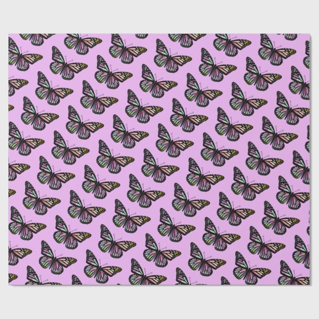 Papier Cadeau Belle Aquarelle Papillons Motif pourpre (Plat)