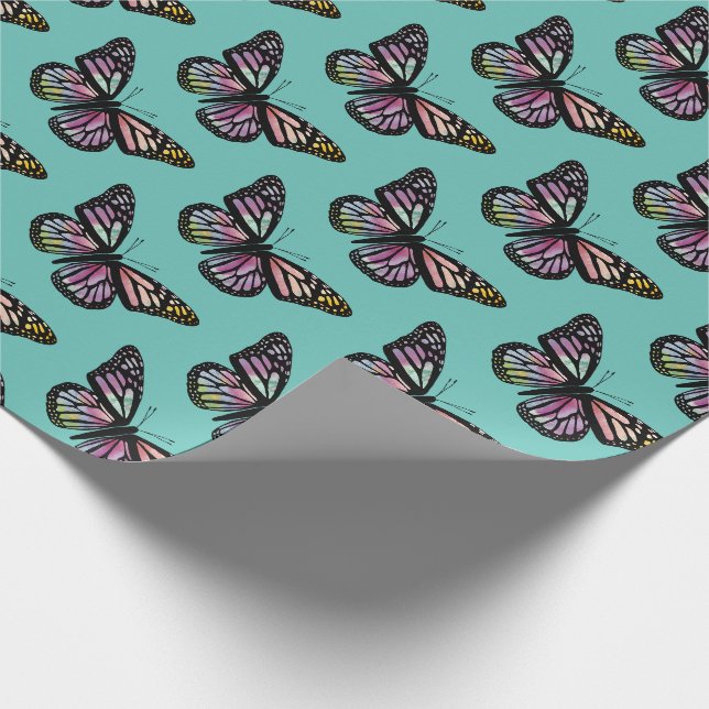 Papier Cadeau Belle Aquarelle Papillons Motif Turquoise (Coin)
