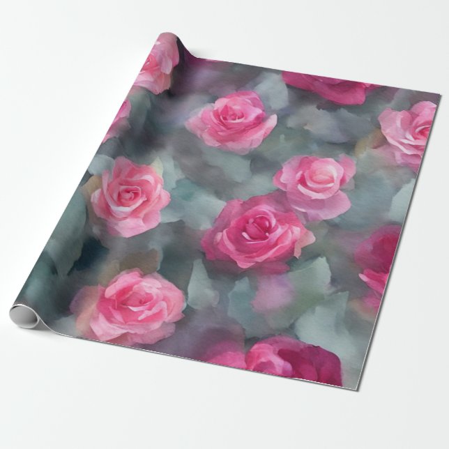 Papier Cadeau Belle Aquarelle Populaire Collection Roses Rose (Déroulé)