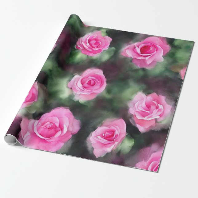 Papier Cadeau Belle Aquarelle tendance Roses roses Collection (Déroulé)