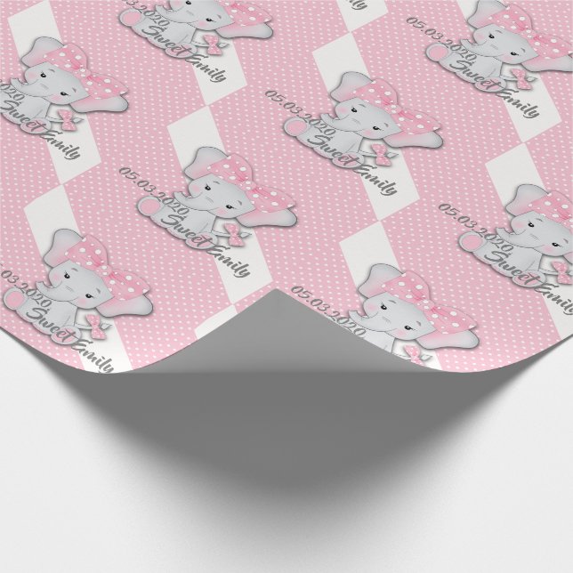 Papier Cadeau Belle caricature bébé éléphant sur une polka blanc (Coin)