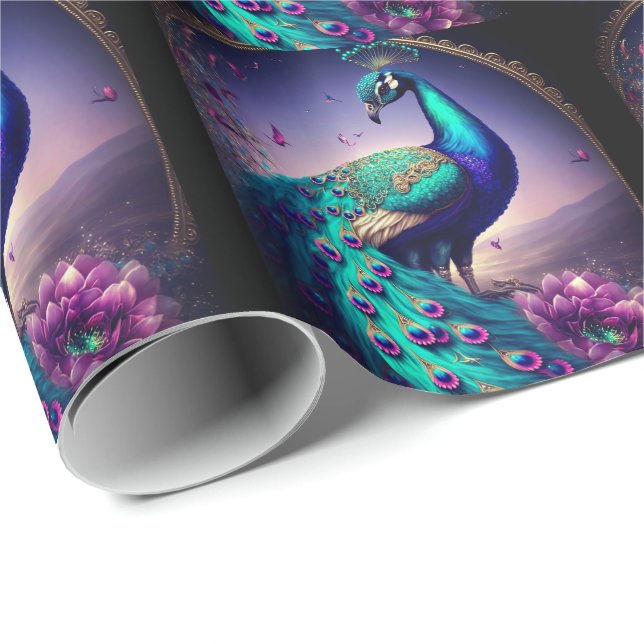 Papier Cadeau Belle Elégante Peacock Oiseau Faune Art (Coin rond)