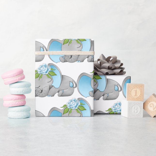 Papier Cadeau Belle fête des éléphants de petit garçon (Baby Shower)