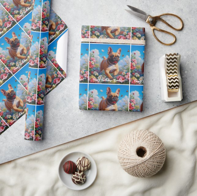 Papier Cadeau Belle Fête Française Bulldog & Flowers (Artisanat)