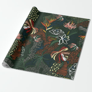 Papier Cadeau Belle fleur rétro dessinée à la main, palme tropic