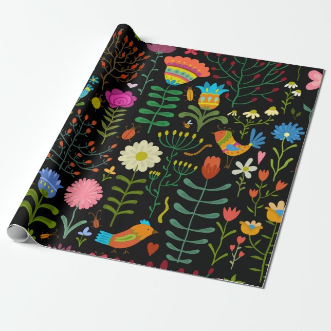 Papier Cadeau Belle fleurs dessinée à la main illustration motif (Déroulé)