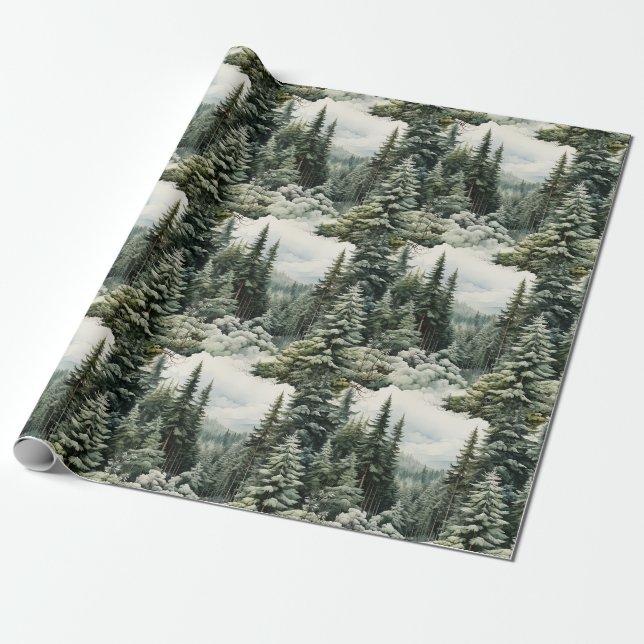 Papier Cadeau Belle forêt de pins neigeux Noël (Déroulé)
