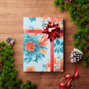 Papier Cadeau Belle illustration bleue et orange Fleurs