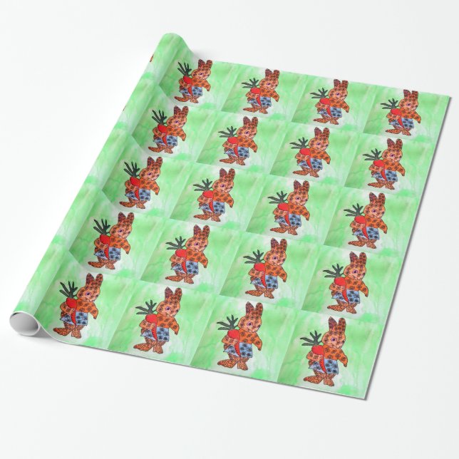 Papier Cadeau Belle illustration de lapin de Pâques avec carotte (Déroulé)