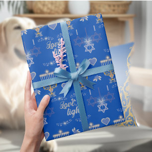 Papier Cadeau Belle Menorah de Hanukkah Bleue Élégante
