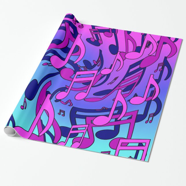 Papier Cadeau Belle Musique Notes vives Pink Purple Blue Aqua (Déroulé)