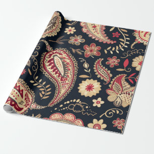 Papier Cadeau Belle Paisley Motif Dark Navy Et Rouge Mix