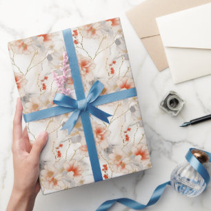 Papier Cadeau Belle Pêche Rouge Blanc Floral