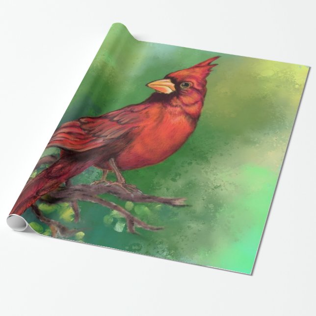 Papier Cadeau Belle peinture d'oiseaux du Cardinal rouge du Nord (Déroulé)