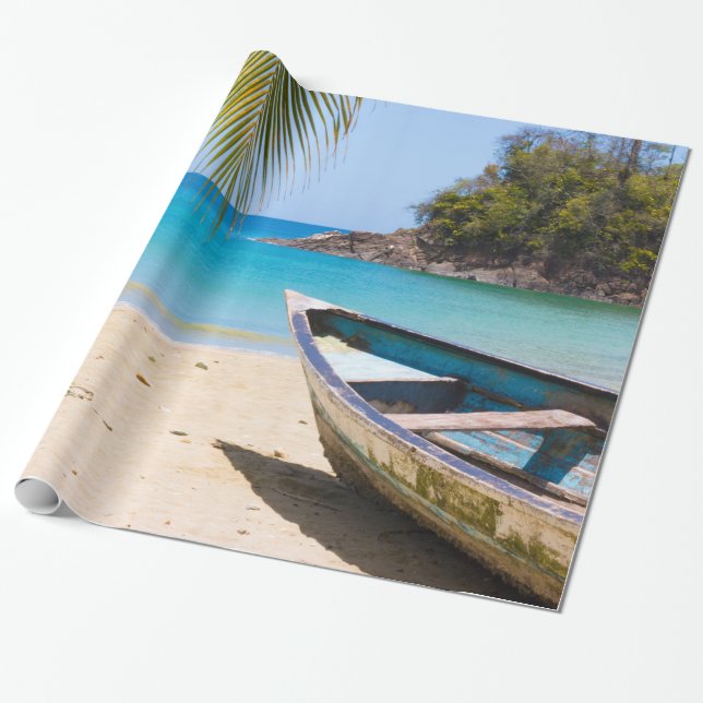 Papier Cadeau Belle plage tropicale avec bateau à rames (Déroulé)
