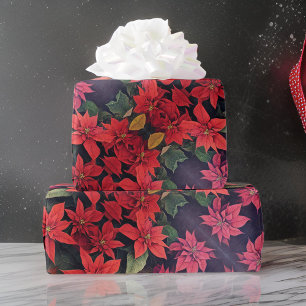 Papier Cadeau Belle Poinsettia Fleurs Rouge Vert Or